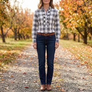 Talbots‎ Petites Gray White Buffalo Plaid Ruffle Shimmer Button Down Shirt 4P